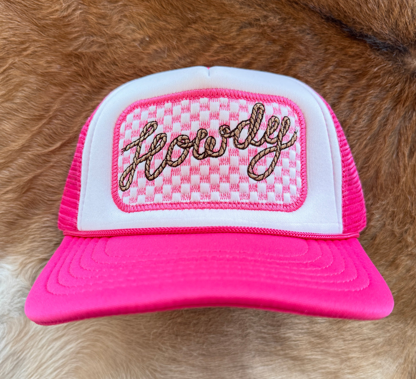 Howdy Checkered Pink Trucker Hat