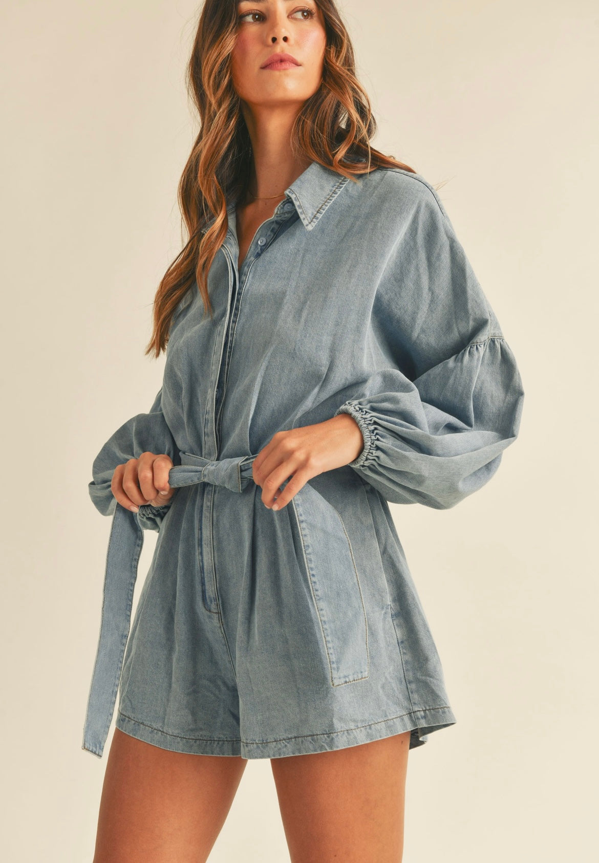 Shyann Denim Balloon Sleeve Romper