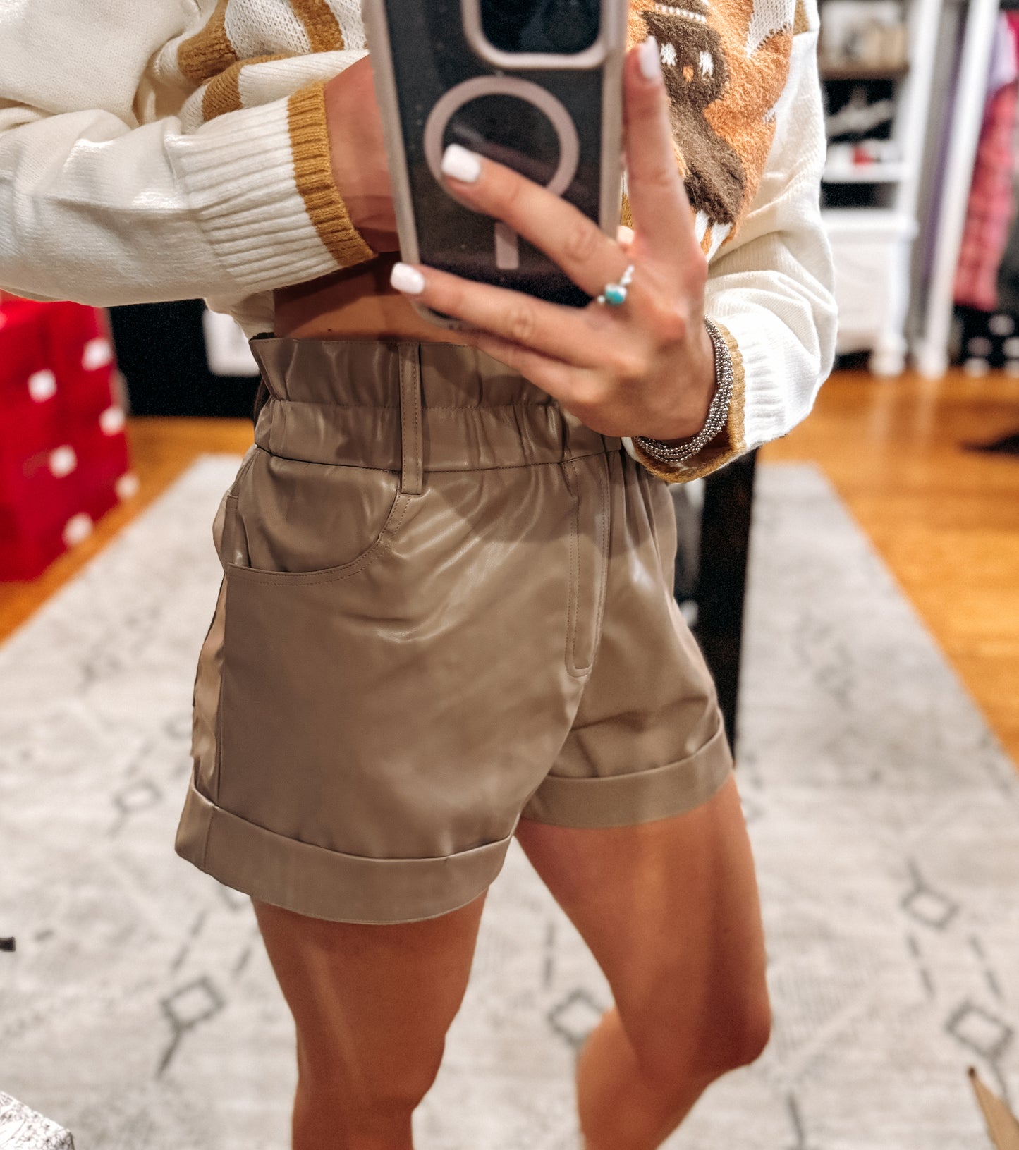 Taupe Leather Paper Bag Shorts