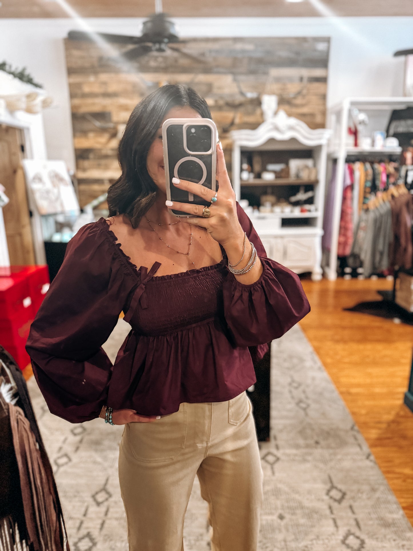 Burgundy Smocked Puff Sleeve Top