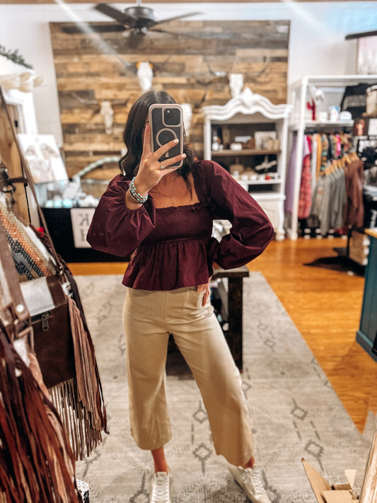 Burgundy Smocked Puff Sleeve Top