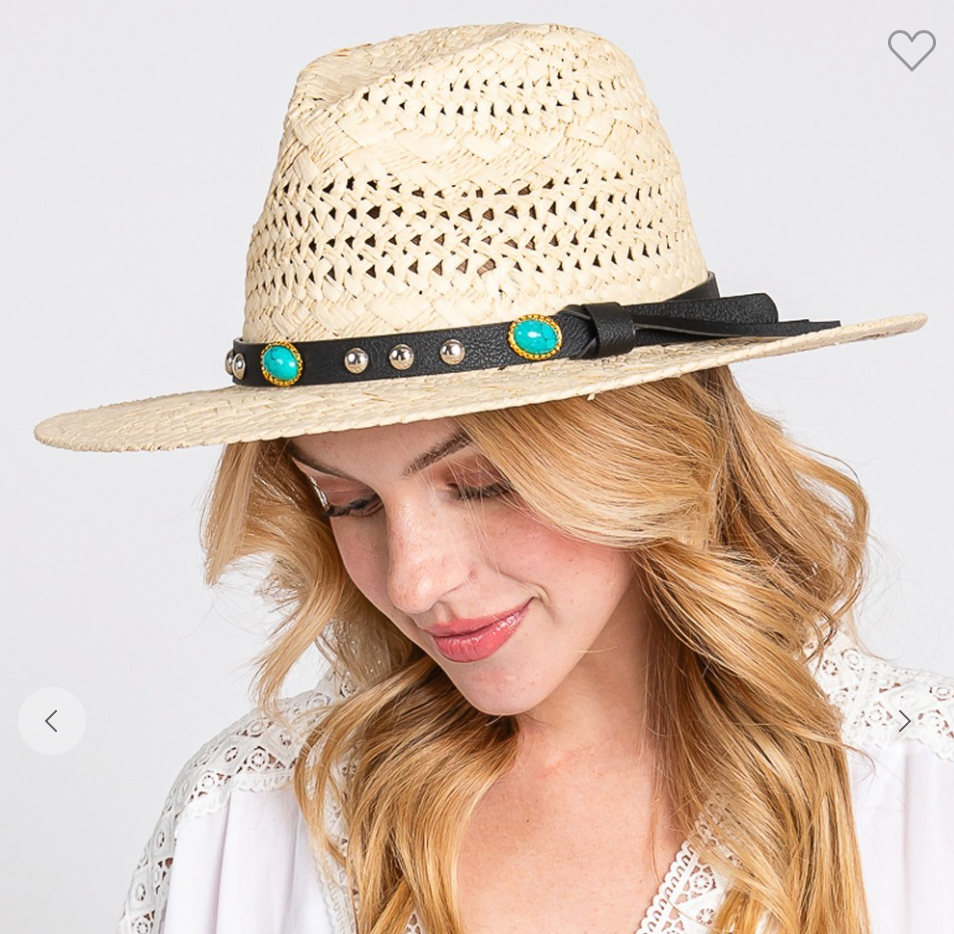 Straw Hat Turquoise Leather Band