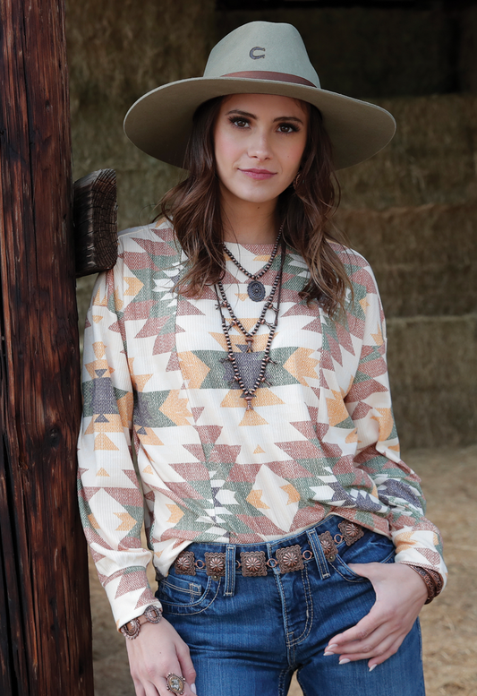 Cinch Cream & Mustard Aztec Knit Top